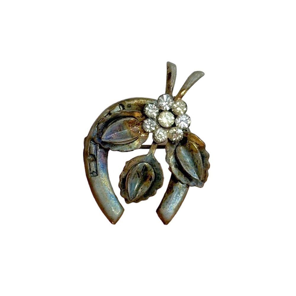 Antique Lucky Horseshoe Rhinestone Flower Small Brooch Pin